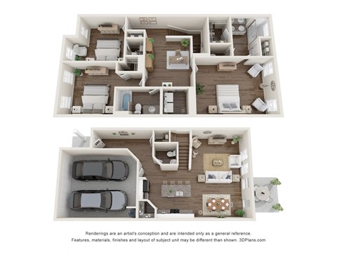 a 3d floor plan of a 3 bedroom apartment